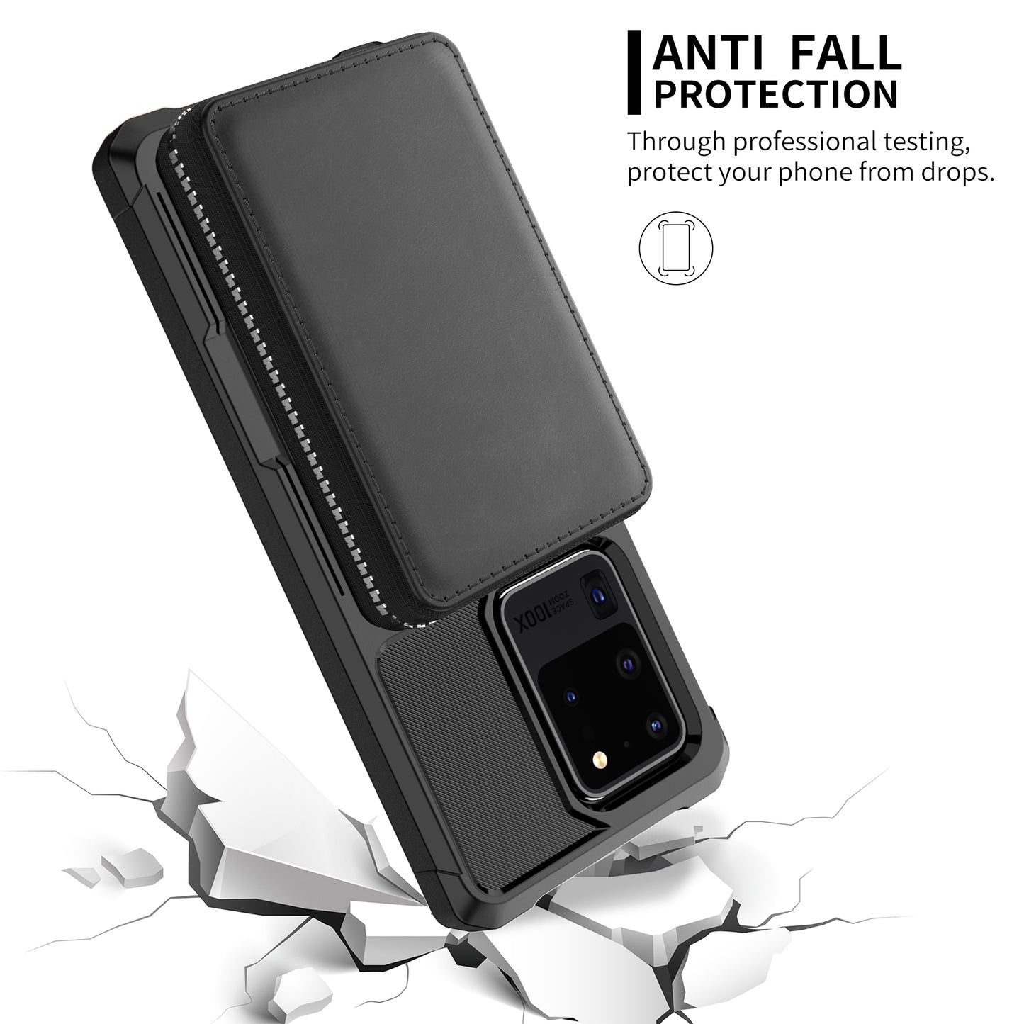 Leather Phone Case with Zipper Wallet for Samsung Galaxy S20 Ultra - Black