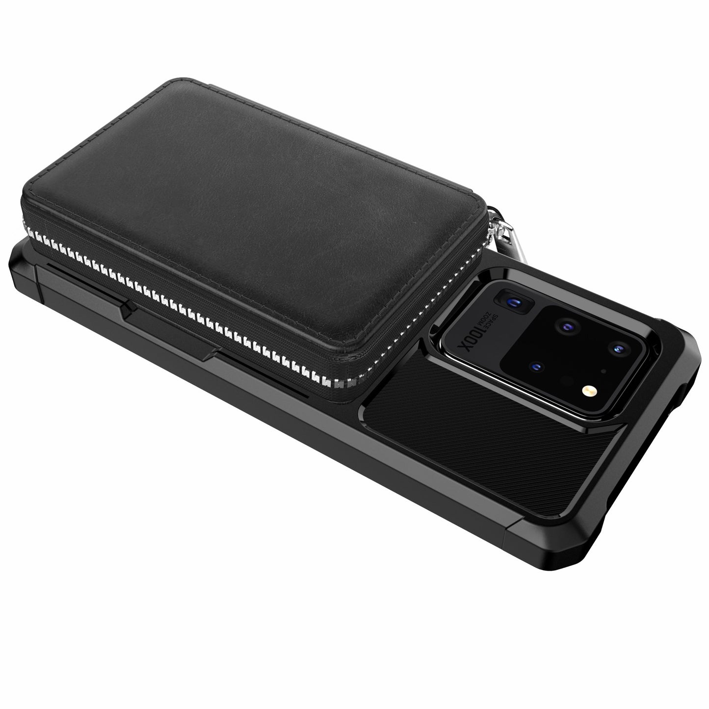 Leather Phone Case with Zipper Wallet for Samsung Galaxy S20 Ultra - Black