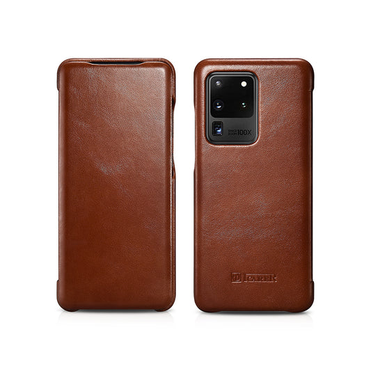ICARER Curved Edge Retro Genuine Leather Shell for Samsung Galaxy S20 Ultra - Brown