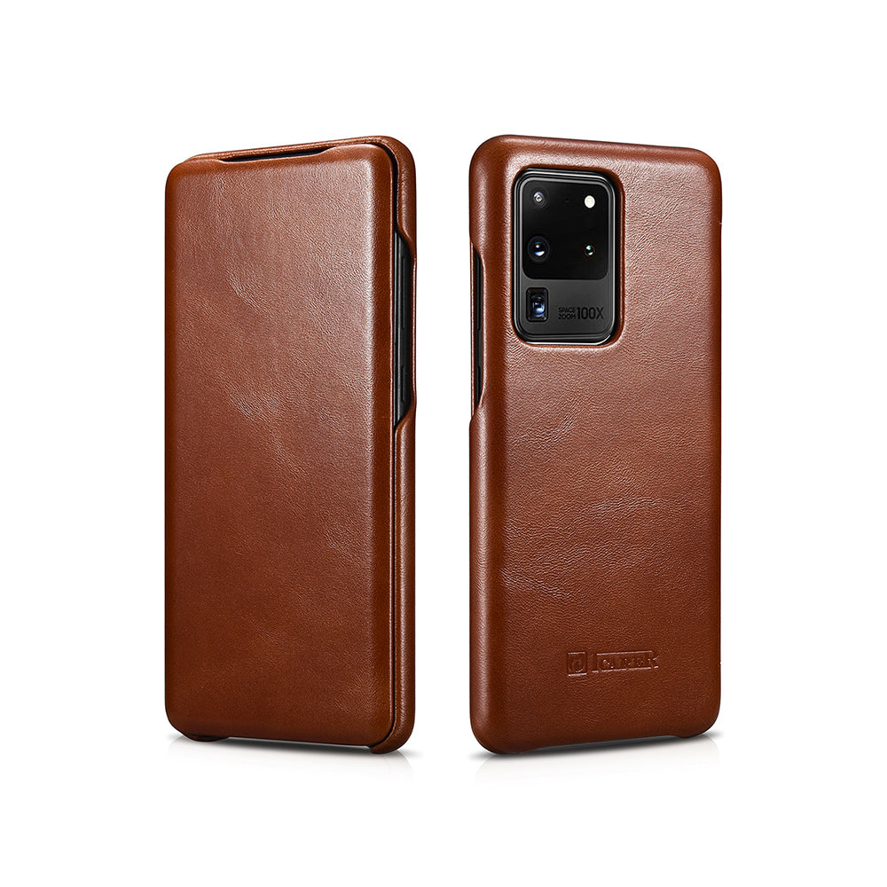ICARER Curved Edge Retro Genuine Leather Shell for Samsung Galaxy S20 Ultra - Brown