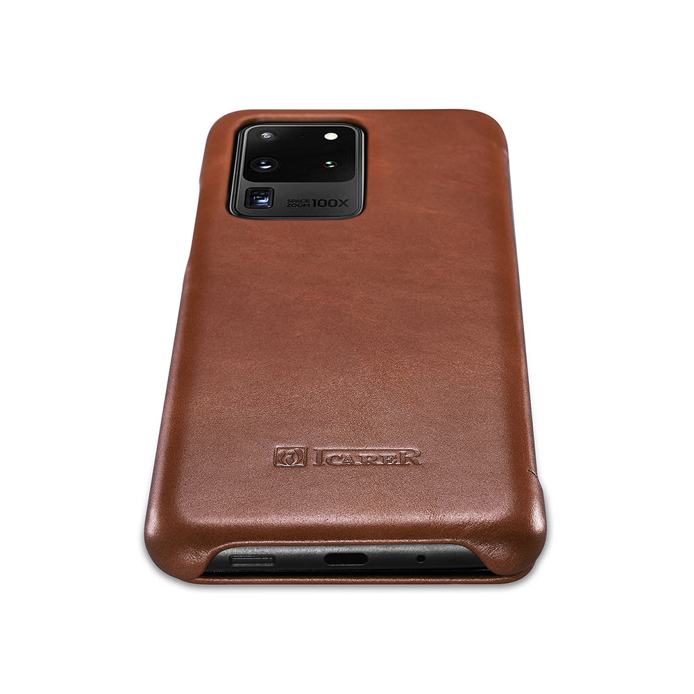 ICARER Curved Edge Retro Genuine Leather Shell for Samsung Galaxy S20 Ultra - Brown
