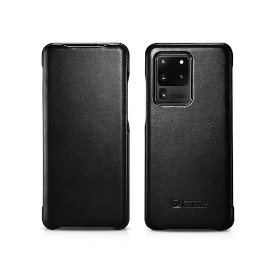 ICARER Curved Edge Retro Genuine Leather Shell for Samsung Galaxy S20 Ultra - Black
