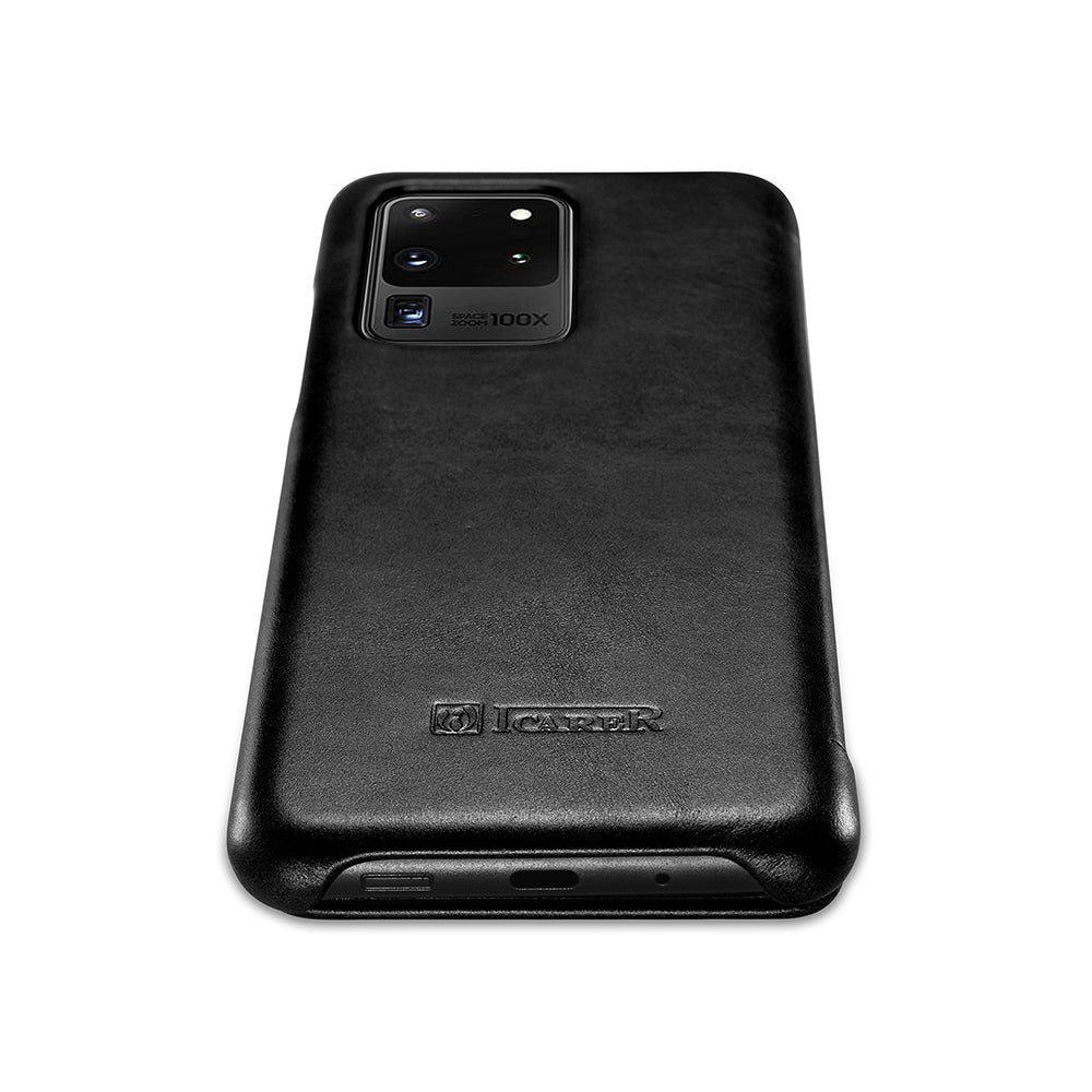 ICARER Curved Edge Retro Genuine Leather Shell for Samsung Galaxy S20 Ultra - Black