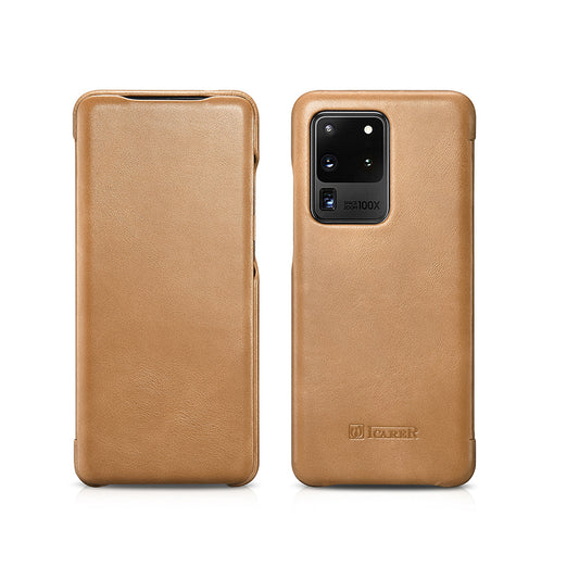 ICARER Curved Edge Retro Genuine Leather Shell for Samsung Galaxy S20 Ultra - Khaki