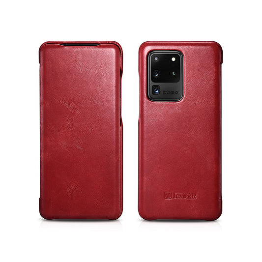 ICARER Curved Edge Retro Genuine Leather Shell for Samsung Galaxy S20 Ultra - Red