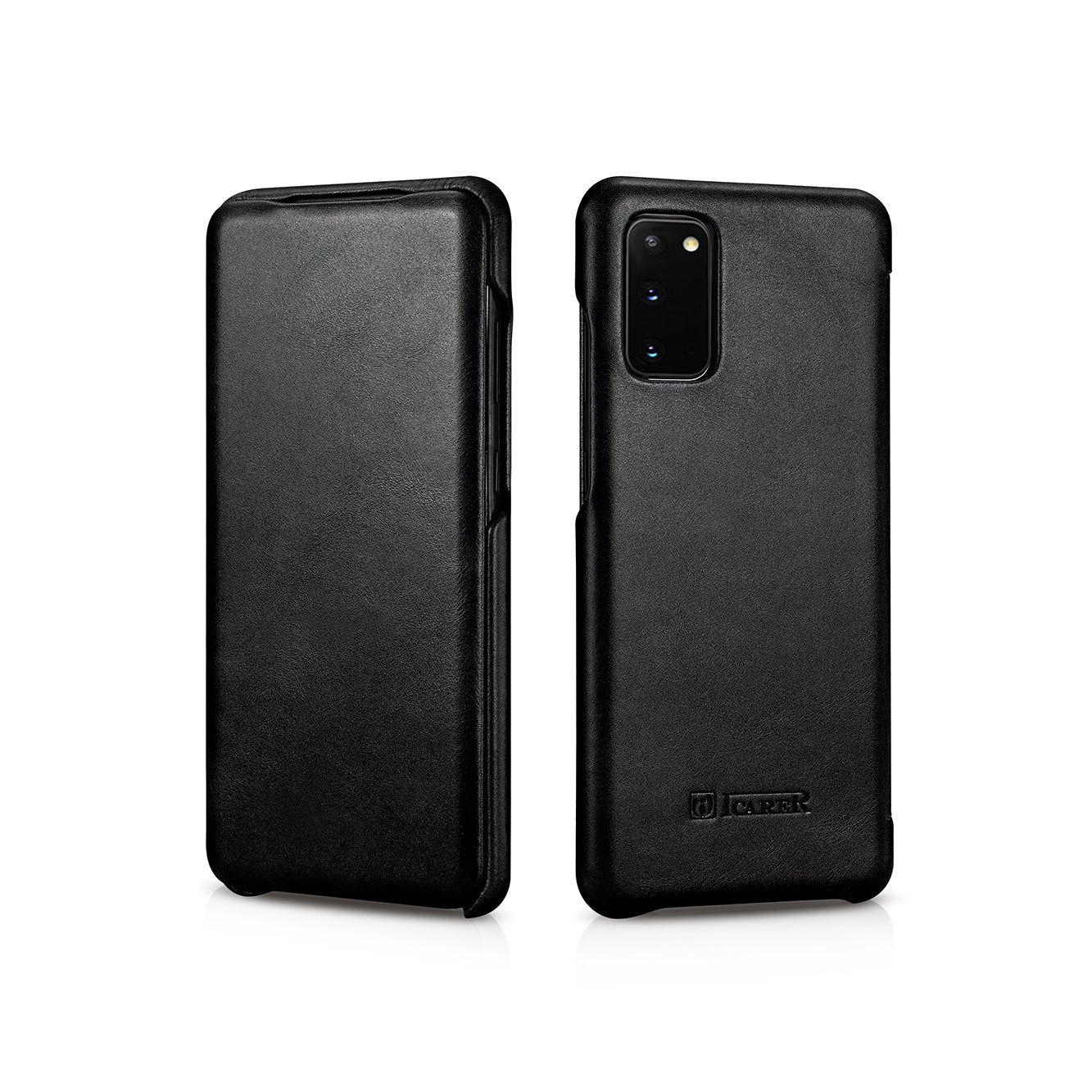 ICARER Curved Edge Genuine Leather Mobile Phone Shell for Samsung Galaxy S20 4G/S20 5G - Black
