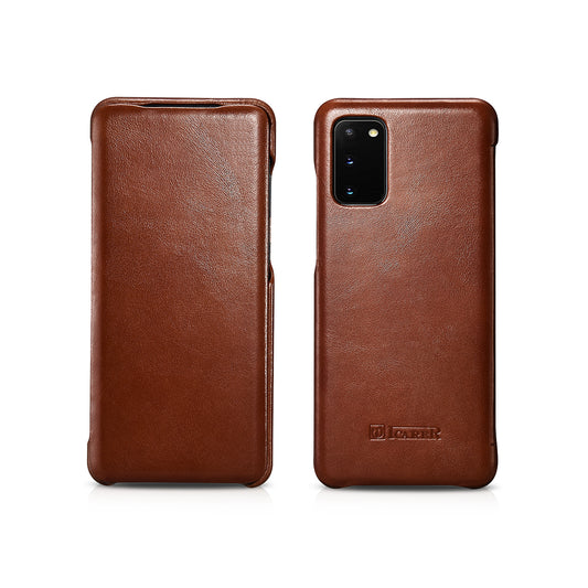 ICARER Curved Edge Genuine Leather Mobile Phone Shell for Samsung Galaxy S20 4G/S20 5G - Brown
