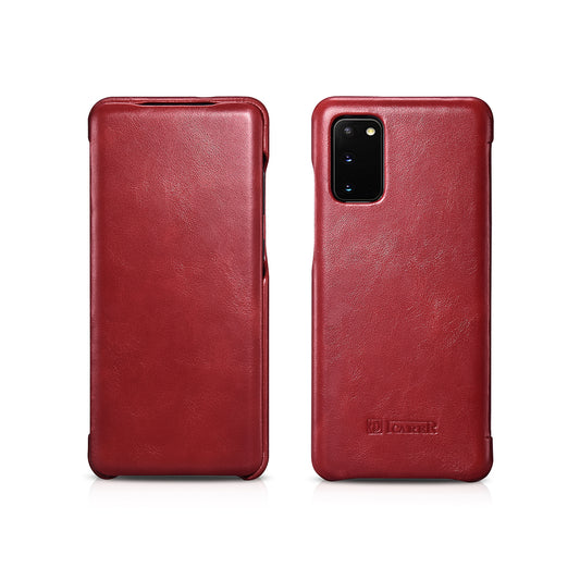 ICARER Curved Edge Genuine Leather Mobile Phone Shell for Samsung Galaxy S20 4G/S20 5G - Red