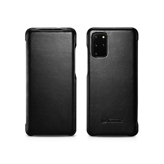 ICARER Curved Edge Vintage Genuine Leather Unique Cover for Samsung Galaxy S20 Plus - Black
