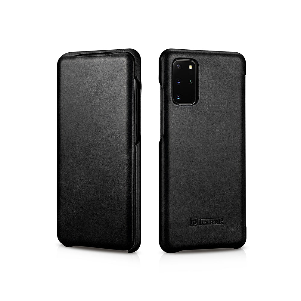 ICARER Curved Edge Vintage Genuine Leather Unique Cover for Samsung Galaxy S20 Plus - Black