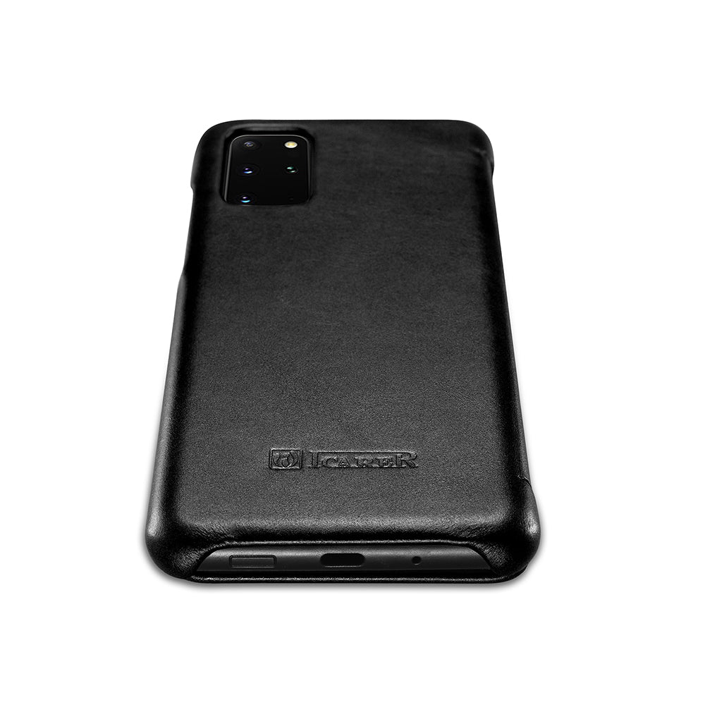 ICARER Curved Edge Vintage Genuine Leather Unique Cover for Samsung Galaxy S20 Plus - Black