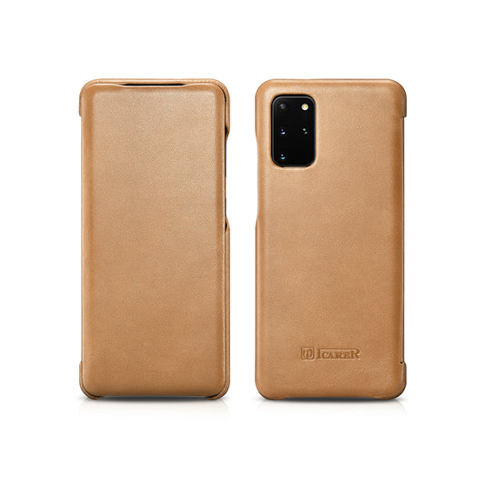 ICARER Curved Edge Vintage Genuine Leather Unique Cover for Samsung Galaxy S20 Plus - Khaki