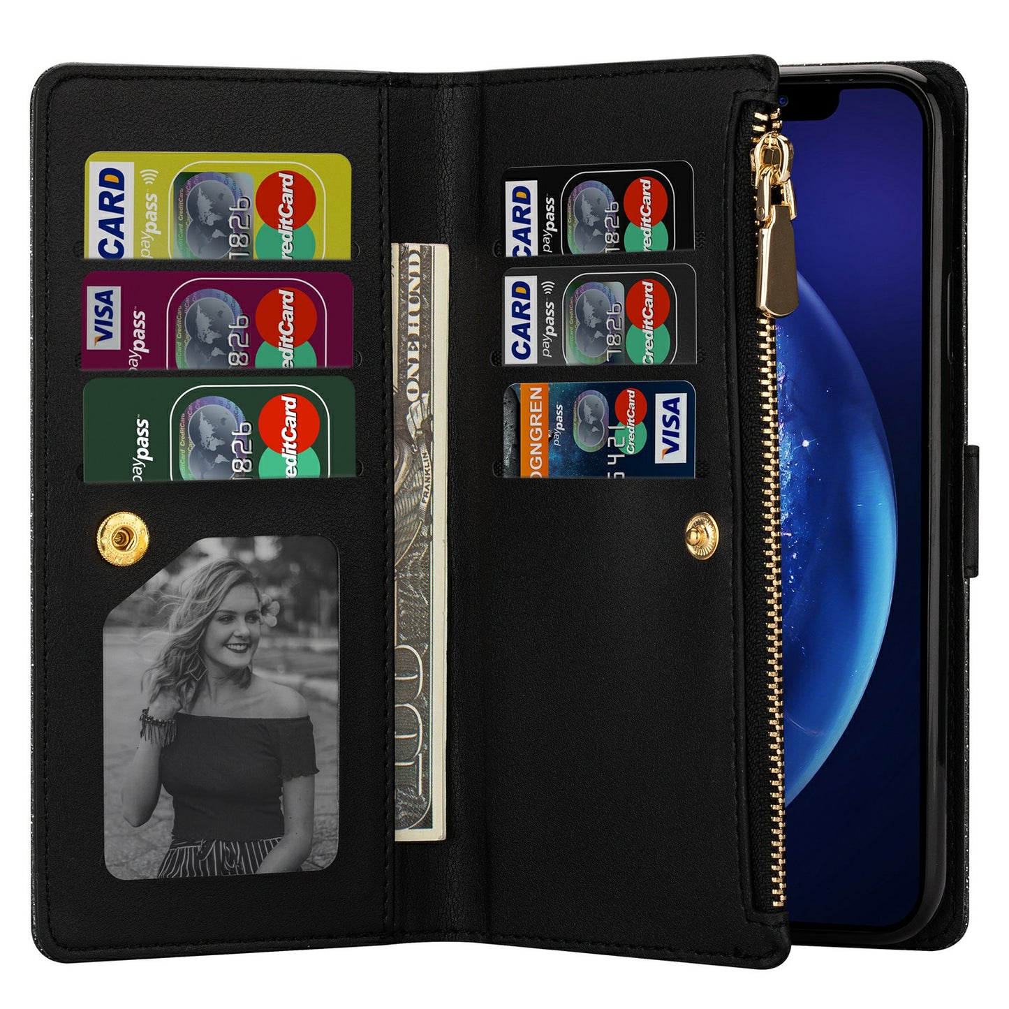 Glittery Starry Style Laser Carving Zipper Wallet Stand Leather Cover for Samsung Galaxy S20 4G/S20 5G - Black