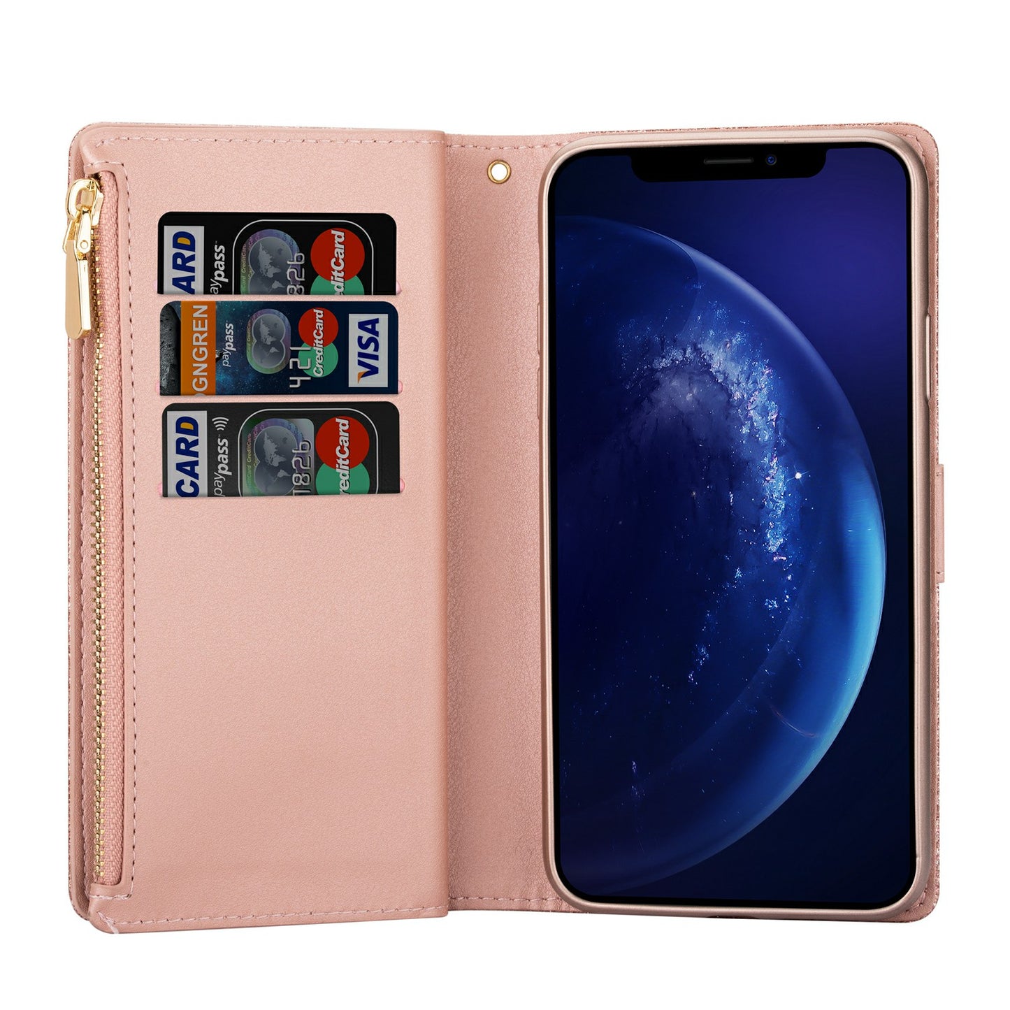 Glittery Starry Style Laser Carving Zipper Wallet Stand Leather Cover for Samsung Galaxy S20 4G/S20 5G - Rose Gold
