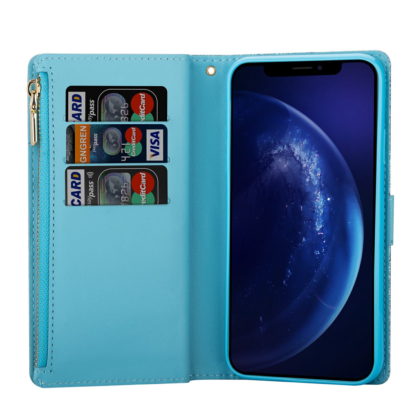 Glittery Starry Style Laser Carving Zipper Wallet Stand Leather Cover for Samsung Galaxy S20 4G/S20 5G - Blue