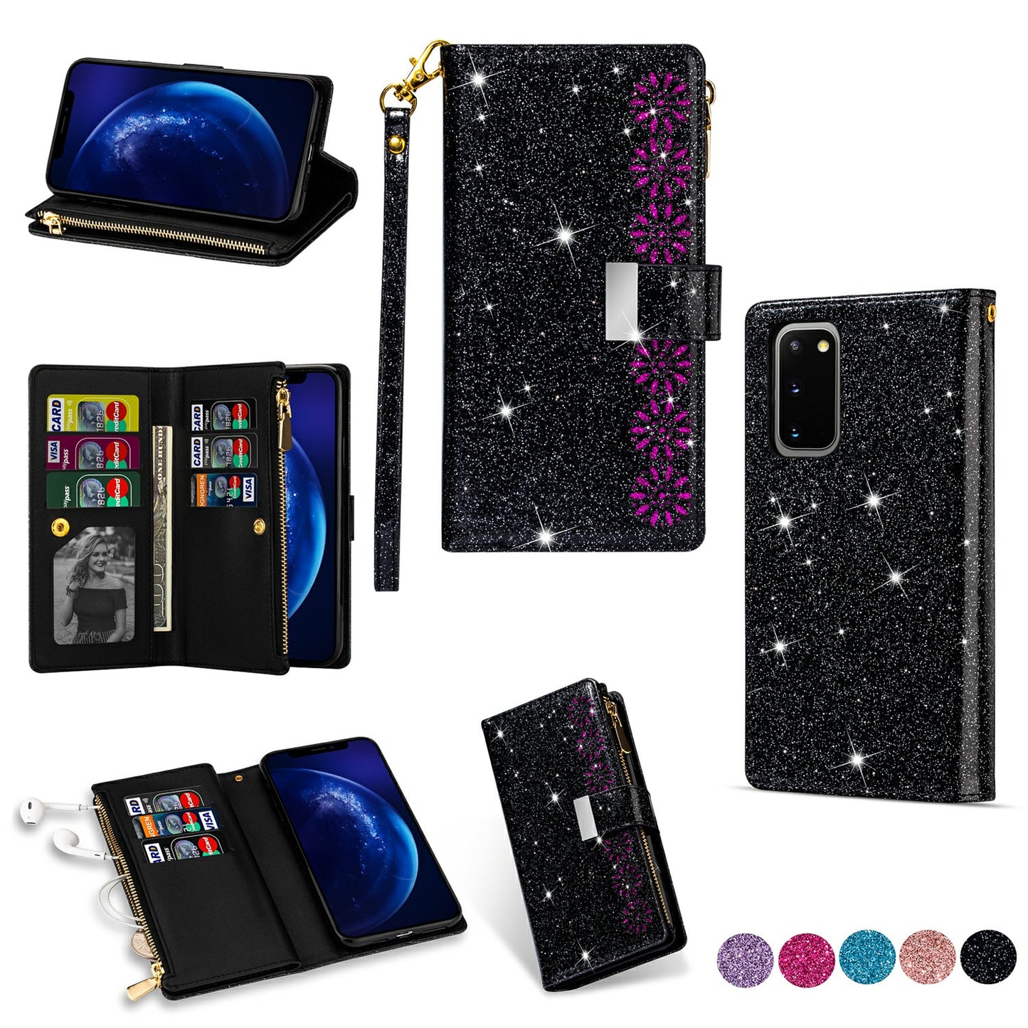 Glittery Starry Style Laser Carving Zipper Wallet Stand Leather Case for Samsung Galaxy S20 Plus / S20 Plus 5G - Black