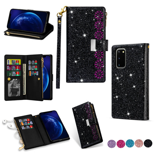 Glittery Starry Style Laser Carving Zipper Wallet Stand Leather Case for Samsung Galaxy S20 Plus / S20 Plus 5G - Black