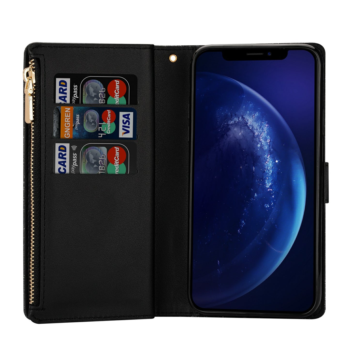 Glittery Starry Style Laser Carving Zipper Wallet Stand Leather Case for Samsung Galaxy S20 Plus / S20 Plus 5G - Black