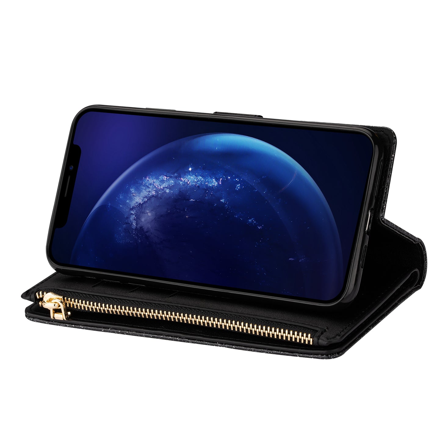 Glittery Starry Style Laser Carving Zipper Wallet Stand Leather Case for Samsung Galaxy S20 Plus / S20 Plus 5G - Black