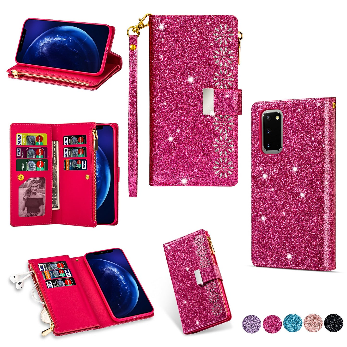 Glittery Starry Style Laser Carving Zipper Wallet Stand Leather Case for Samsung Galaxy S20 Plus / S20 Plus 5G - Rose