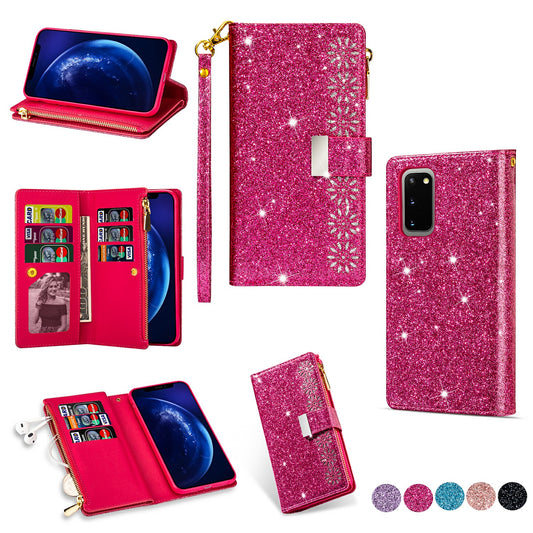 Glittery Starry Style Laser Carving Zipper Wallet Stand Leather Case for Samsung Galaxy S20 Plus / S20 Plus 5G - Rose