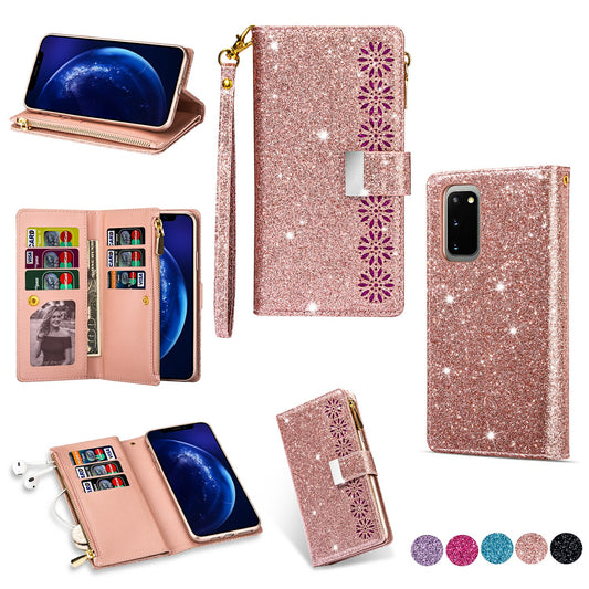 Glittery Starry Style Laser Carving Zipper Wallet Stand Leather Case for Samsung Galaxy S20 Plus / S20 Plus 5G - Rose Gold