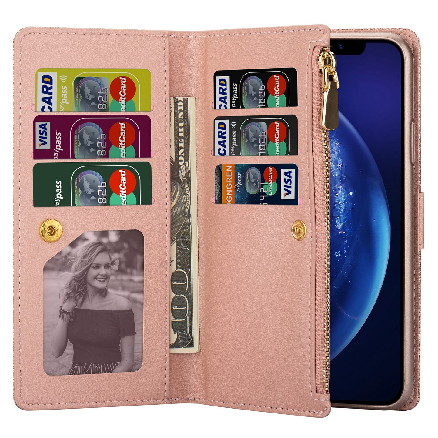 Glittery Starry Style Laser Carving Zipper Wallet Stand Leather Case for Samsung Galaxy S20 Plus / S20 Plus 5G - Rose Gold