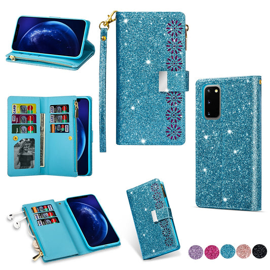 Glittery Starry Style Laser Carving Zipper Wallet Stand Leather Case for Samsung Galaxy S20 Plus / S20 Plus 5G - Blue
