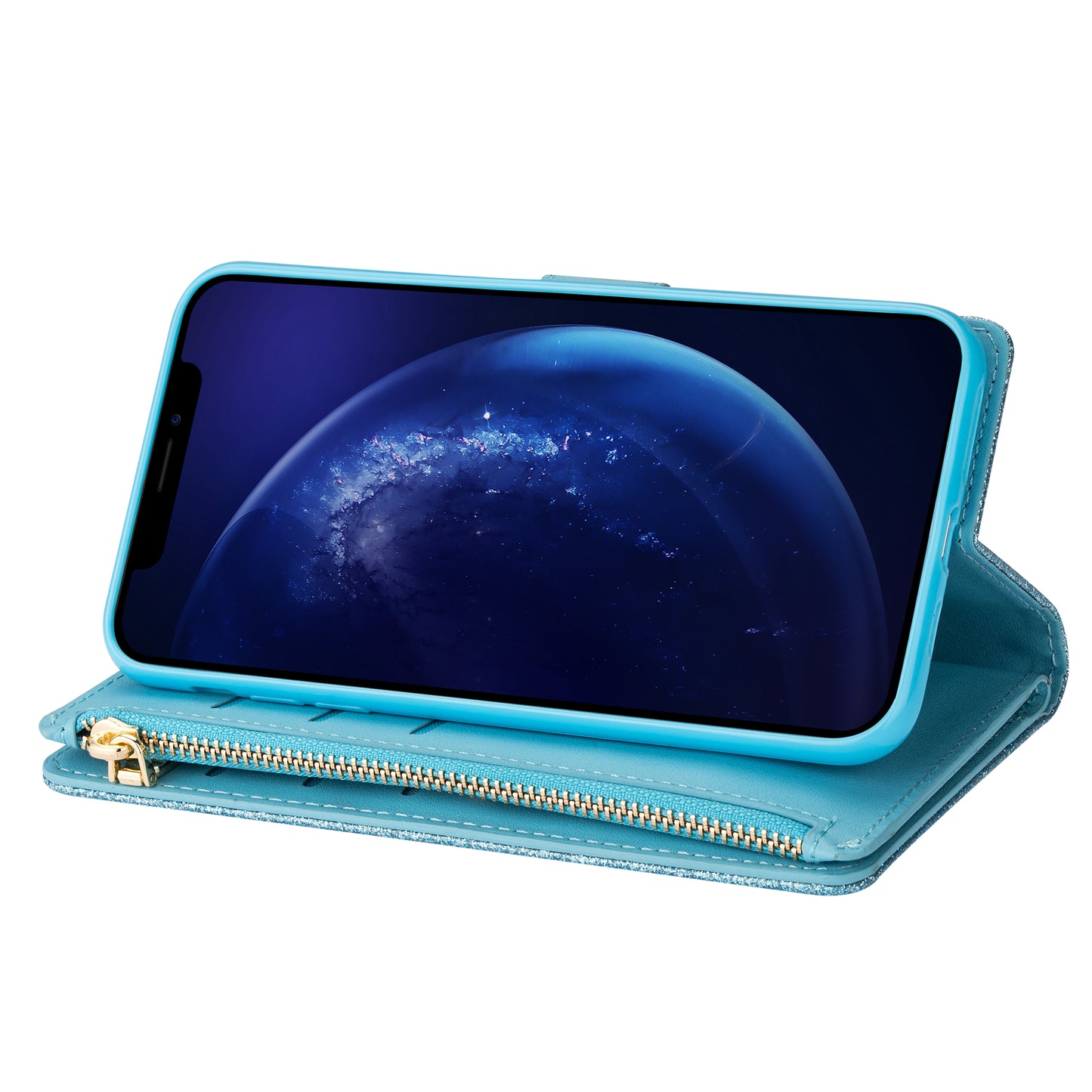 Glittery Starry Style Laser Carving Zipper Wallet Stand Leather Case for Samsung Galaxy S20 Plus / S20 Plus 5G - Blue