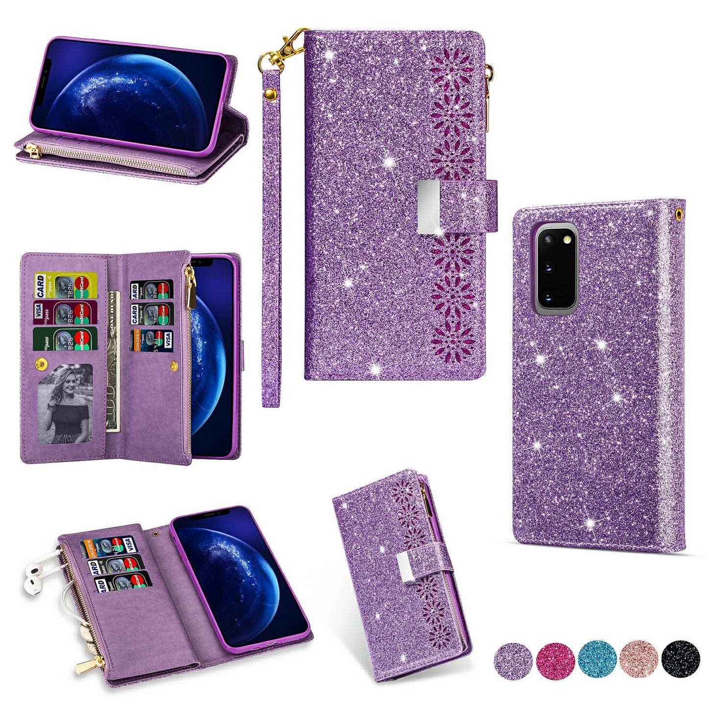 Glittery Starry Style Laser Carving Zipper Wallet Stand Leather Case for Samsung Galaxy S20 Plus / S20 Plus 5G - Purple