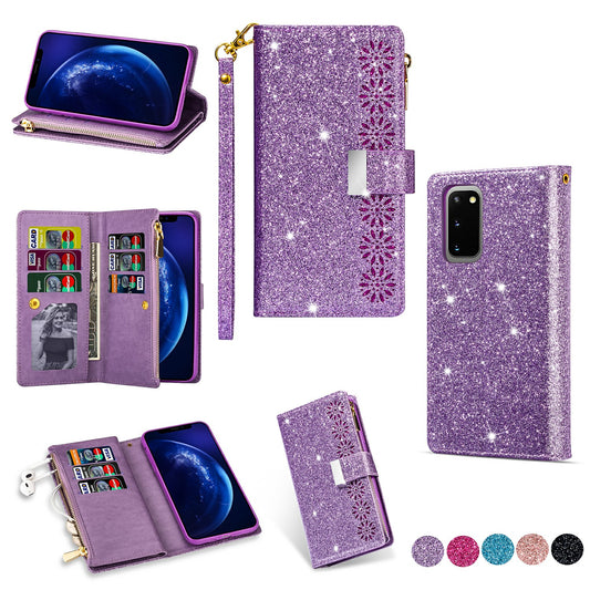 Glittery Starry Style Laser Carving Zipper Wallet Stand Leather Case for Samsung Galaxy S20 Plus / S20 Plus 5G - Purple