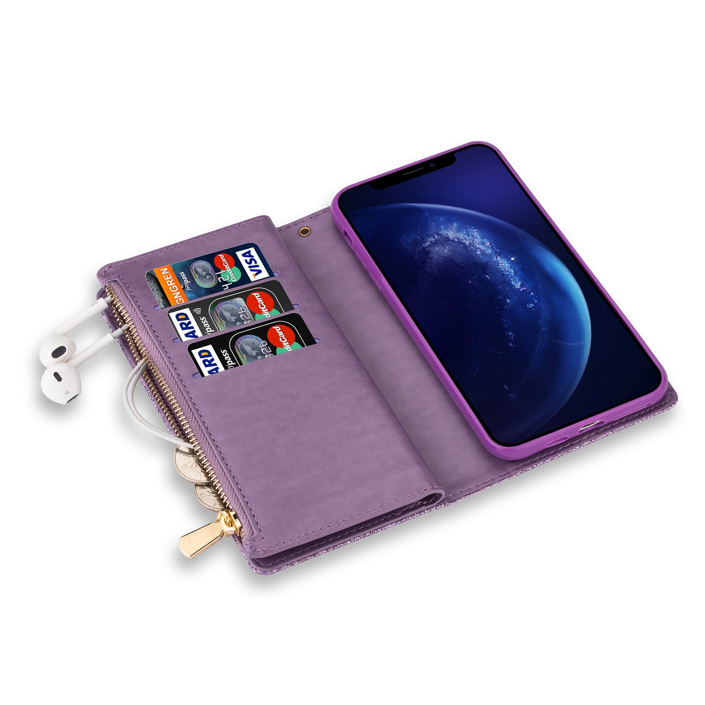 Glittery Starry Style Laser Carving Zipper Wallet Stand Leather Case for Samsung Galaxy S20 Plus / S20 Plus 5G - Purple
