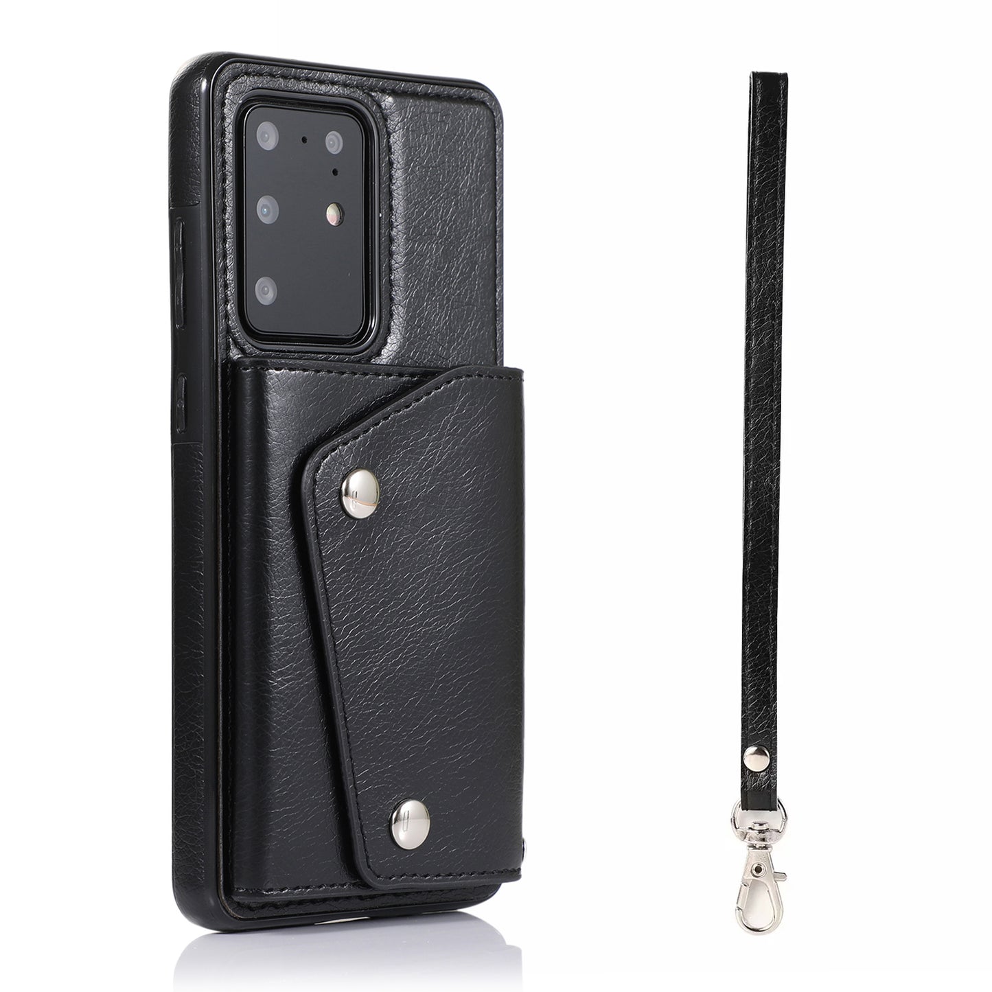 For Samsung Galaxy S20 Ultra Wallet Cover PU Leather Coated TPU Cover [Multi Card Slots] [Strap] - Black