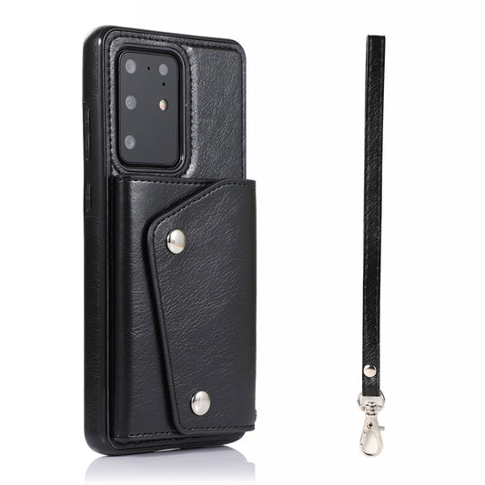 For Samsung Galaxy S20 Ultra Wallet Cover PU Leather Coated TPU Cover [Multi Card Slots] [Strap] - Black