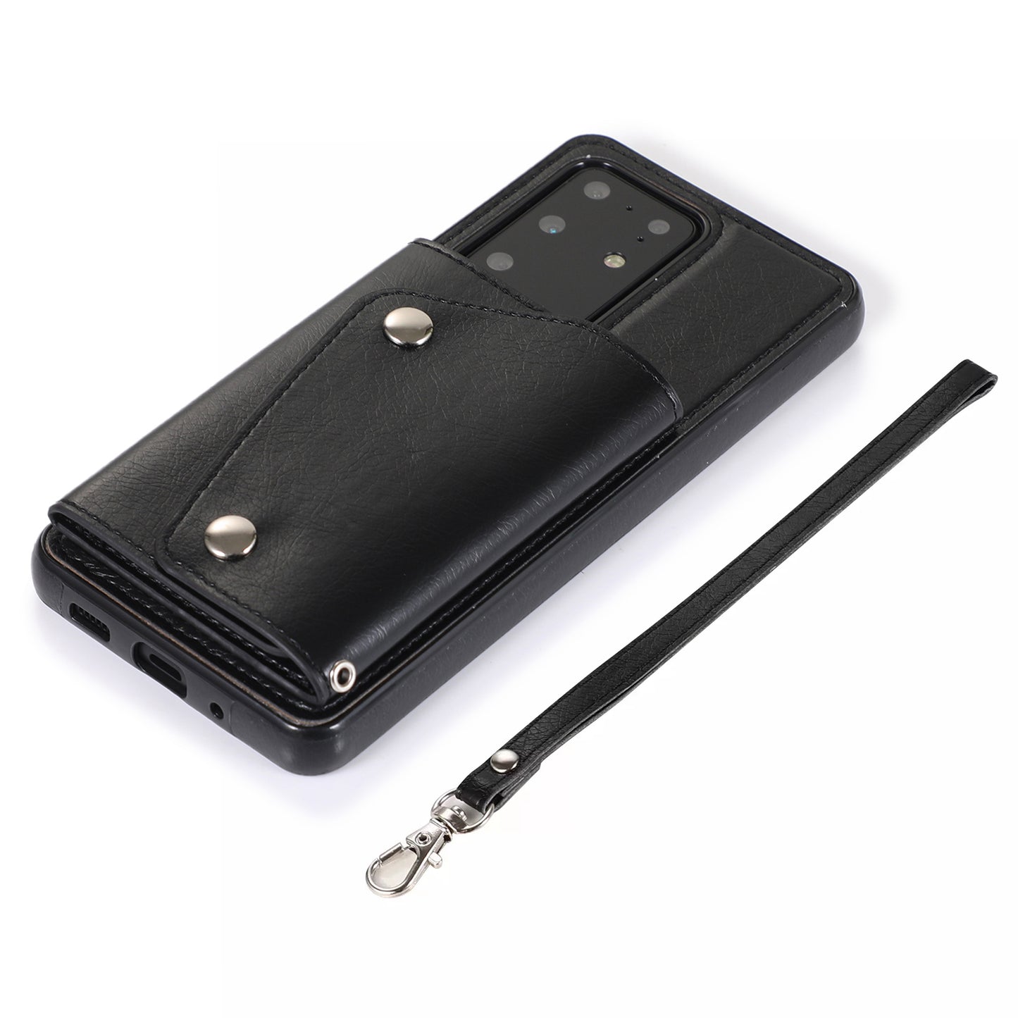 For Samsung Galaxy S20 Ultra Wallet Cover PU Leather Coated TPU Cover [Multi Card Slots] [Strap] - Black