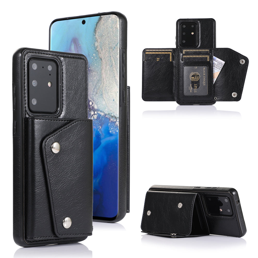 For Samsung Galaxy S20 Ultra Wallet Cover PU Leather Coated TPU Cover [Multi Card Slots] [Strap] - Black