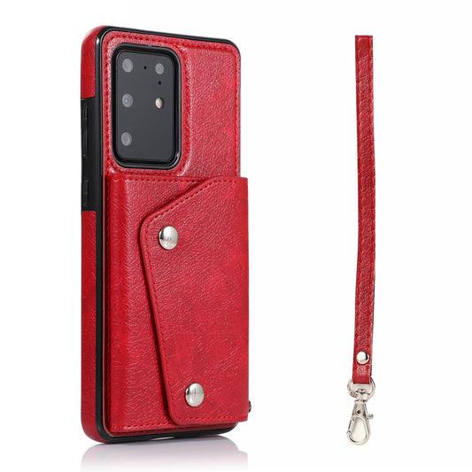 For Samsung Galaxy S20 Ultra Wallet Cover PU Leather Coated TPU Cover [Multi Card Slots] [Strap] - Red