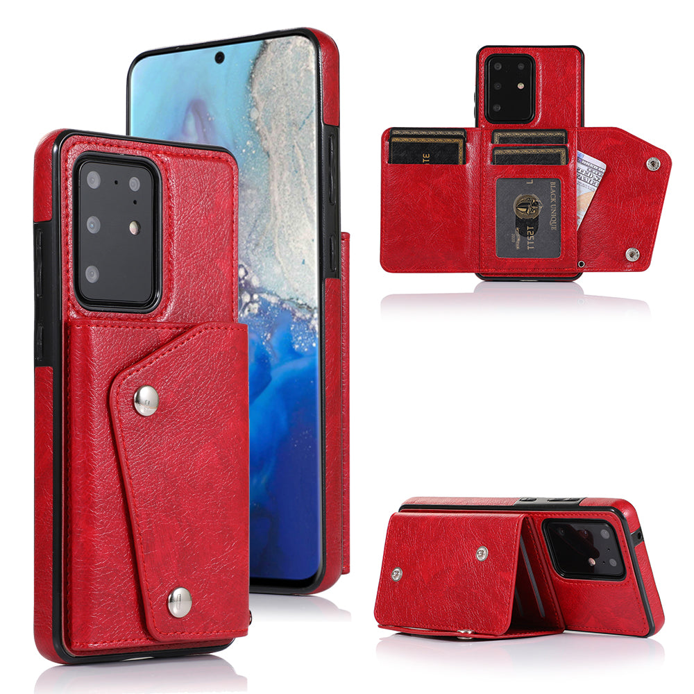 For Samsung Galaxy S20 Ultra Wallet Cover PU Leather Coated TPU Cover [Multi Card Slots] [Strap] - Red
