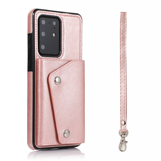 For Samsung Galaxy S20 Ultra Wallet Cover PU Leather Coated TPU Cover [Multi Card Slots] [Strap] - Rose Gold