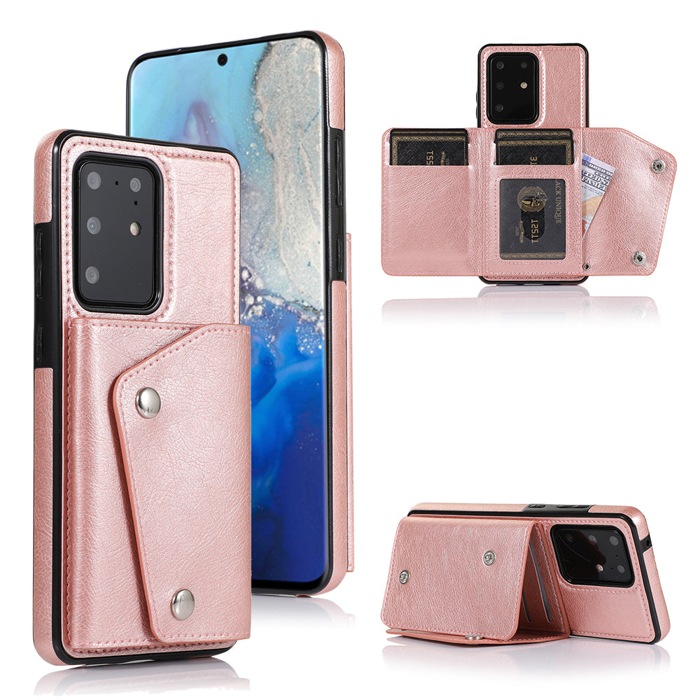 For Samsung Galaxy S20 Ultra Wallet Cover PU Leather Coated TPU Cover [Multi Card Slots] [Strap] - Rose Gold