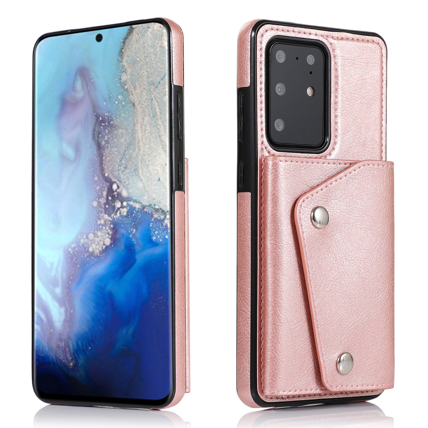 For Samsung Galaxy S20 Ultra Wallet Cover PU Leather Coated TPU Cover [Multi Card Slots] [Strap] - Rose Gold