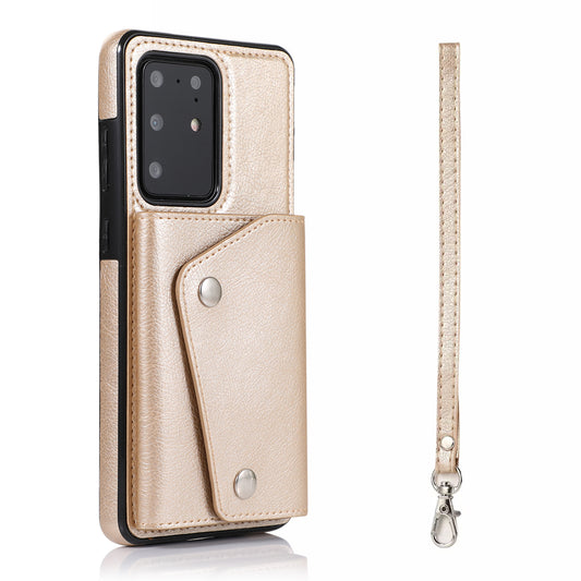 For Samsung Galaxy S20 Ultra Wallet Cover PU Leather Coated TPU Cover [Multi Card Slots] [Strap] - Gold