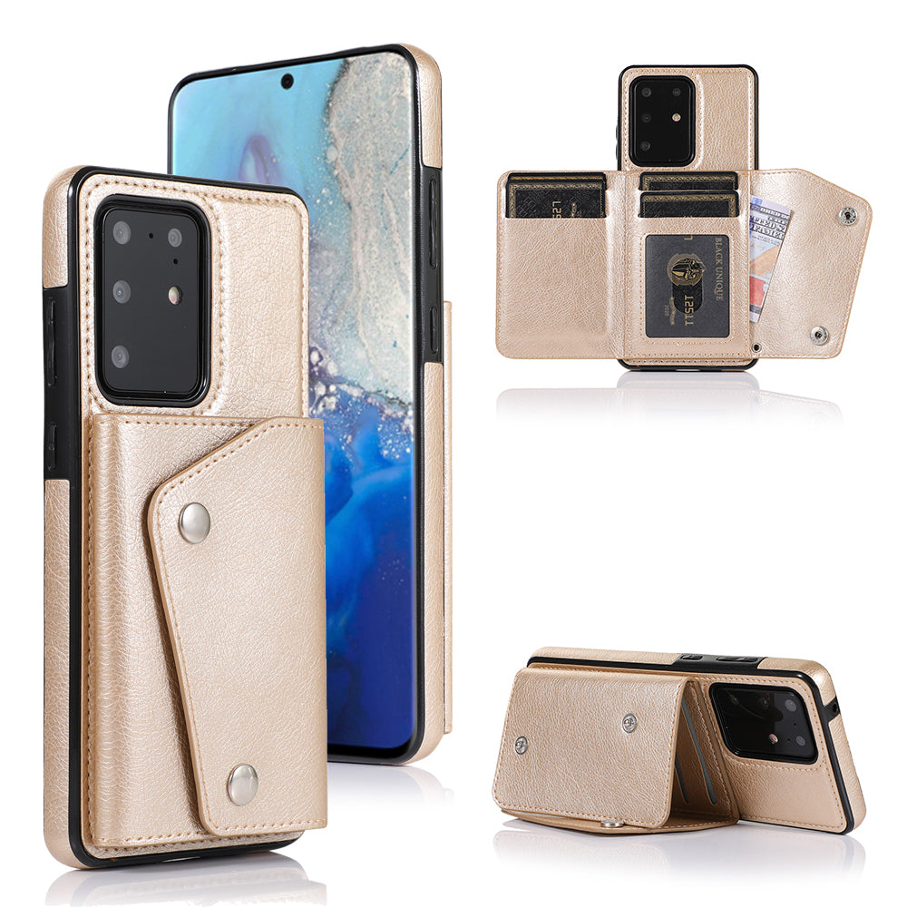 For Samsung Galaxy S20 Ultra Wallet Cover PU Leather Coated TPU Cover [Multi Card Slots] [Strap] - Gold