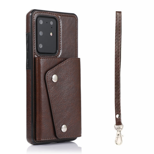 For Samsung Galaxy S20 Ultra Wallet Cover PU Leather Coated TPU Cover [Multi Card Slots] [Strap] - Brown