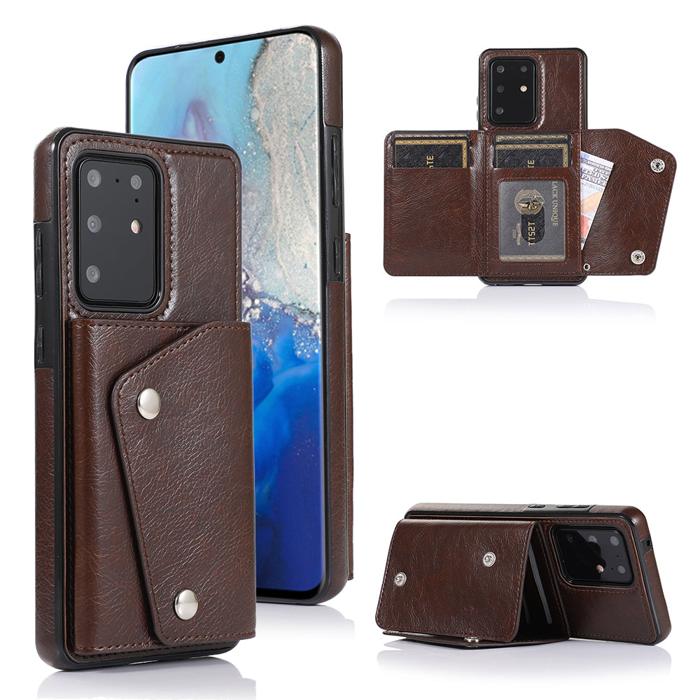 For Samsung Galaxy S20 Ultra Wallet Cover PU Leather Coated TPU Cover [Multi Card Slots] [Strap] - Brown