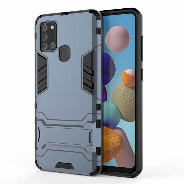 Shockproof Mobile Phone Covering Shell Hard Plastic + TPU Phone Case with Kickstand for Samsung Galaxy A21s - Blue