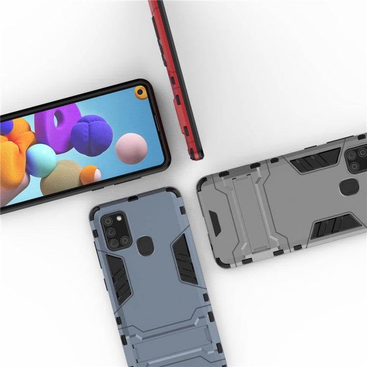 Shockproof Mobile Phone Covering Shell Hard Plastic + TPU Phone Case with Kickstand for Samsung Galaxy A21s - Blue