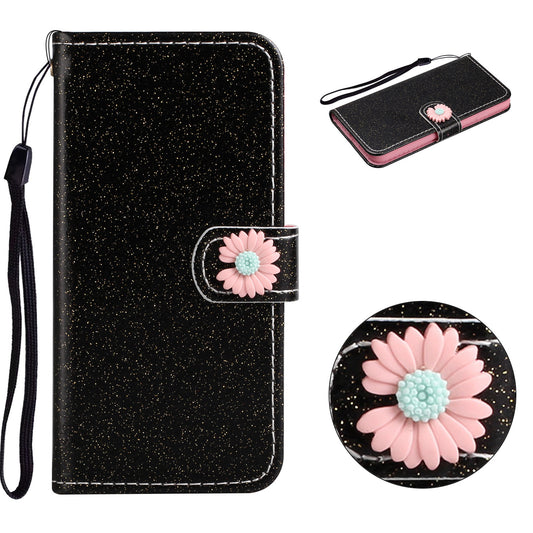 Glitter Powder Flower Decor Leather Stand Wallet Case for Samsung Galaxy S20 4G/S20 5G - Black