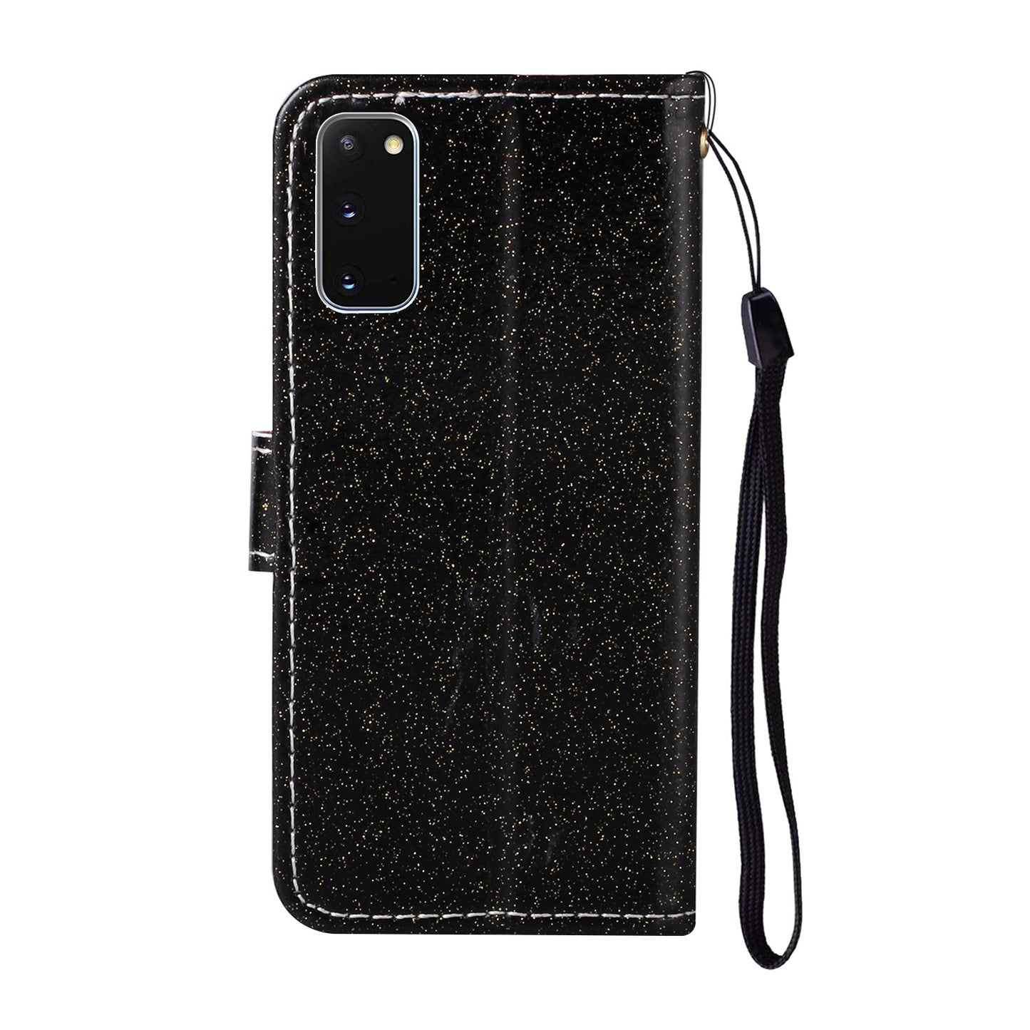 Glitter Powder Flower Decor Leather Stand Wallet Case for Samsung Galaxy S20 4G/S20 5G - Black