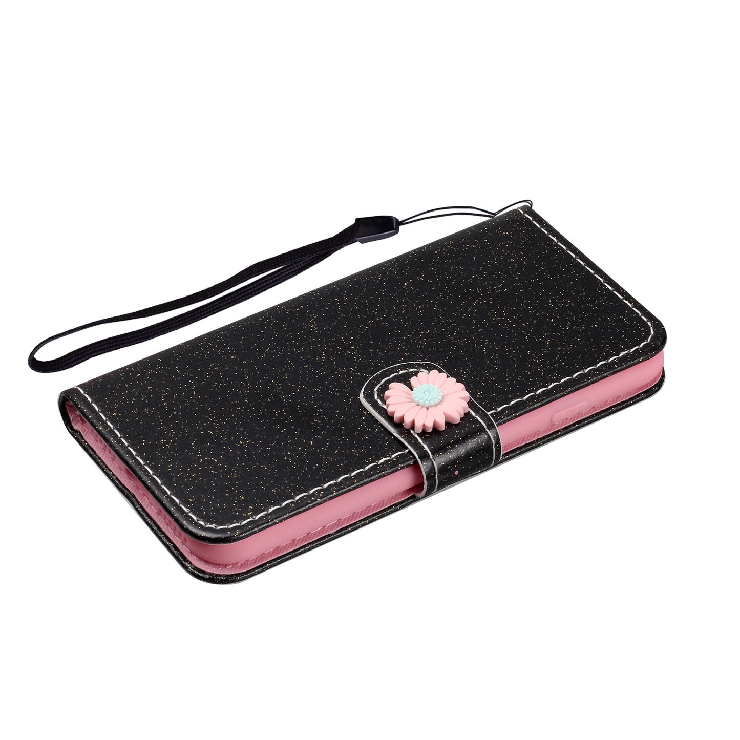 Glitter Powder Flower Decor Leather Stand Wallet Case for Samsung Galaxy S20 4G/S20 5G - Black